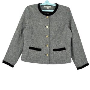 Liz Claiborne Women's Wool Blend Frilled Black Velvet Detail Grey Jacket Size XL